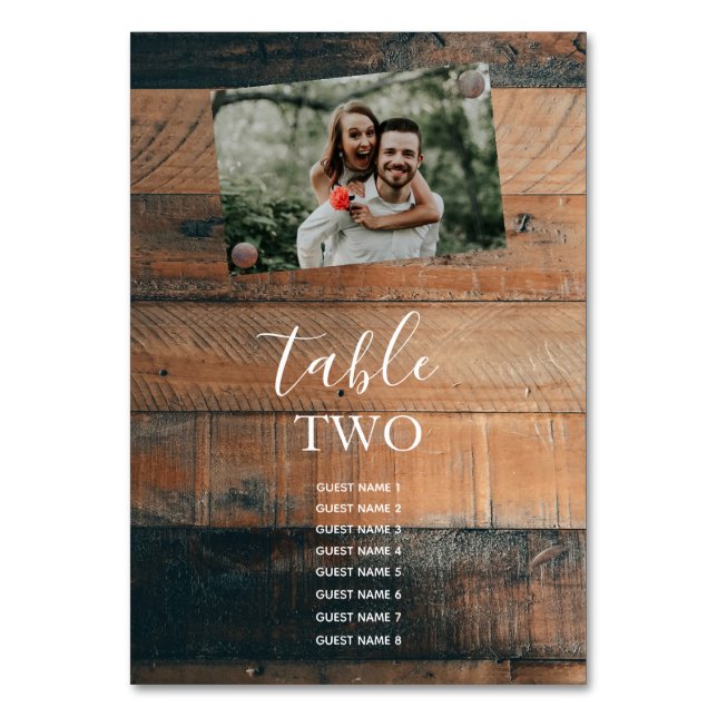 Rustic Wood Photo Wedding Guest Names Table Number (Front)