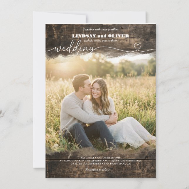 Rustic Wood Photo Wedding Invitation Golden Hour (Front)