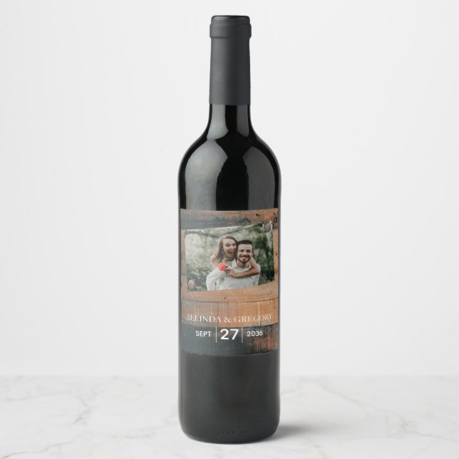 Rustic Wood Photo Wedding Wine Label (Front)
