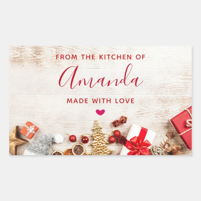 Rustic Wood Photo with Christmas Items Kitchen Rectangular Sticker (Front)
