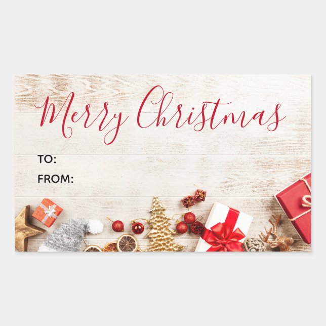 Rustic Wood Photograph with Christmas Items Rectangular Sticker (Front)