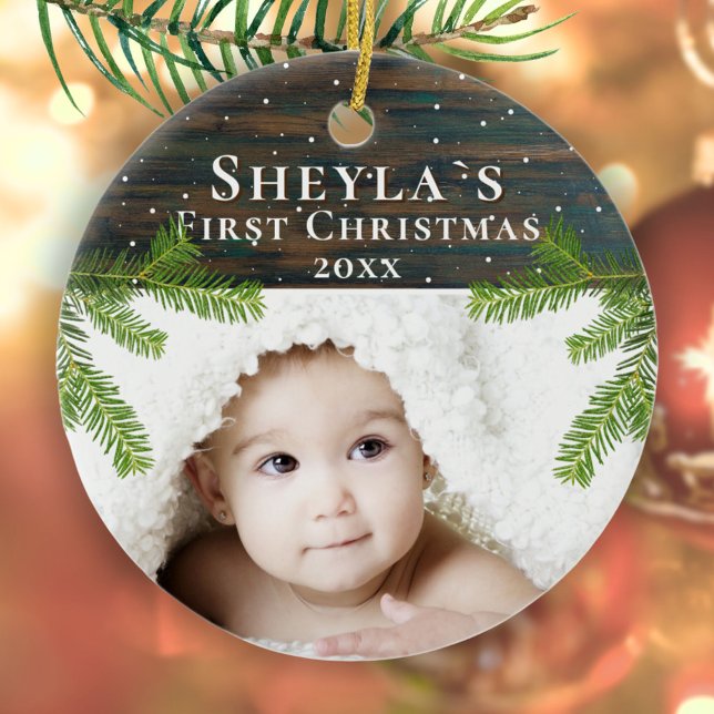 Rustic Wood Pine Baby`s First Christmas Photo Ceramic Tree Decoration (Creator Uploaded)