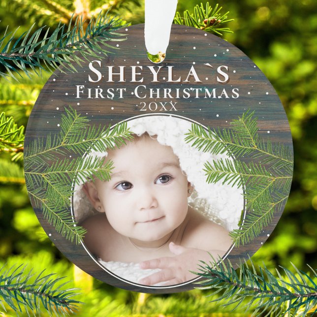 Rustic Wood Pine Baby`s First Christmas Photo Ornament (Creator Uploaded)