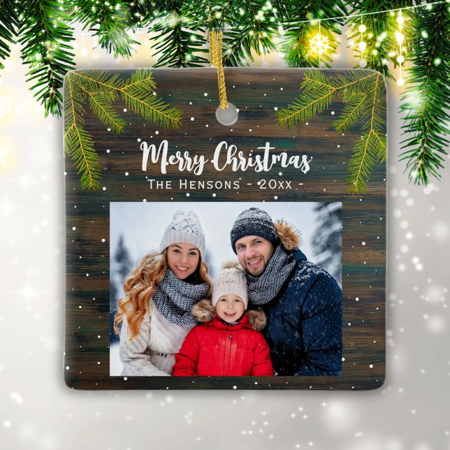 Rustic Wood Pine Merry Christmas Family Photo Ceramic Ornament (Creator Uploaded)