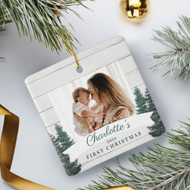 Rustic Wood Pine Trees Baby First Christmas Photo Ceramic Ornament (Rustic Wood Pine Trees Baby First Christmas Photo Ceramic Ornament)