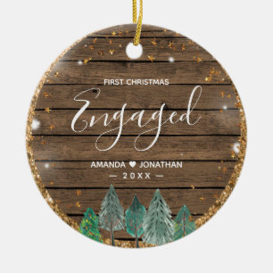 Rustic Wood Pine Trees Christmas Engaged  Ceramic Tree Decoration