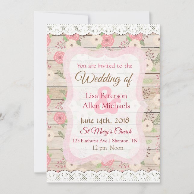 Rustic Wood Pink and Tan Floral Wedding Invitation (Front)