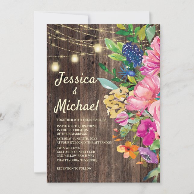 Rustic Wood Pink Blue Floral String Lights Wedding Invitation (Front)