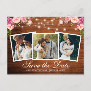 Rustic Wood Pink Floral 3 Photo Save The Date Invitation Postcard