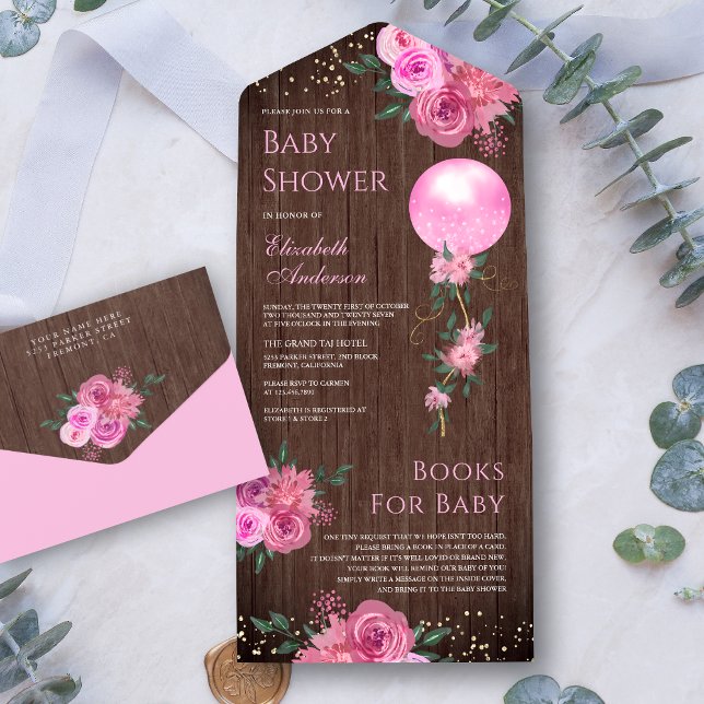 Rustic Wood Pink Floral Balloon Girl Baby Shower All In One Invitation (Creator Uploaded)
