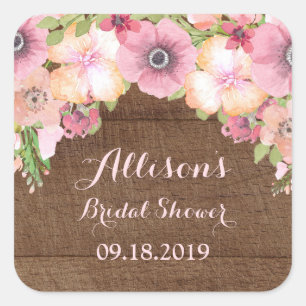 Rustic Wood Pink Floral Bridal Shower Favour Tag