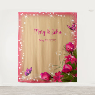 Rustic Wood Pink Floral Butterfly Backdrop Tapestry
