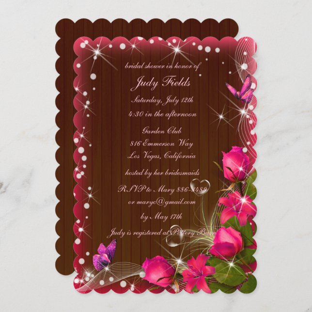 Rustic Wood Pink Floral Butterfly Bridal Shower Invitation (Front/Back)