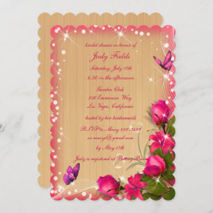 Rustic Wood Pink Floral Butterfly Bridal Shower Invitation