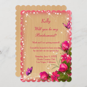 Rustic Wood Pink Floral Butterfly Bridesmaid Invitation