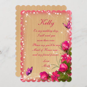 Rustic Wood Pink Floral Butterfly Maid Of Honour Invitation