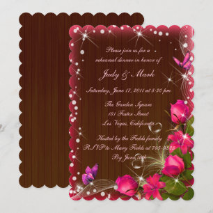 Rustic Wood Pink Floral Butterfly Rehearsal Dinner Invitation