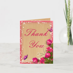 Rustic Wood Pink Floral Butterfly Thank You Card