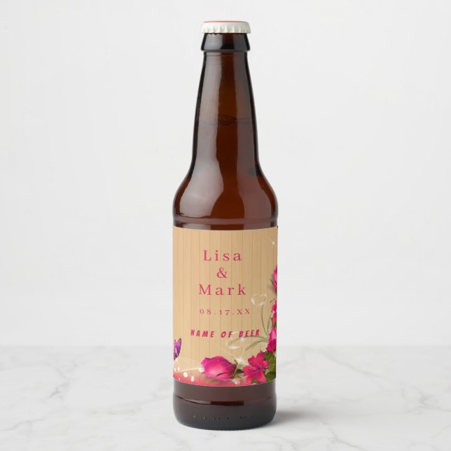 Rustic Wood Pink Floral Butterfly Wedding Beer Bottle Label (Front)