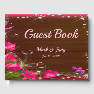 Rustic Wood Pink Floral Butterfly Wedding Guest Book