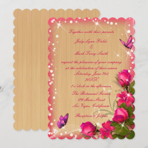 Rustic Wood Pink Floral Butterfly Wedding Invitation