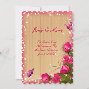 Rustic Wood Pink Floral Butterfly Wedding Menu Invitation