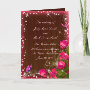 Rustic Wood Pink Floral Butterfly Wedding Program Card