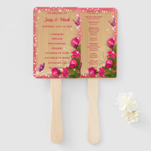 Rustic Wood Pink Floral Butterfly Wedding Program Hand Fan