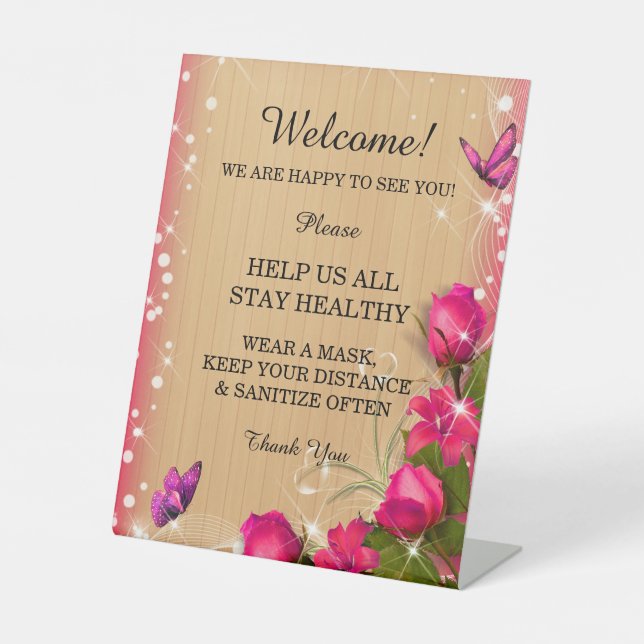 Rustic Wood Pink Floral Butterfly Wedding Safety Pedestal Sign (Front)