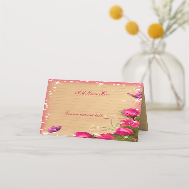 Rustic Wood Pink Floral Butterfly Wedding Table Place Card (Front)