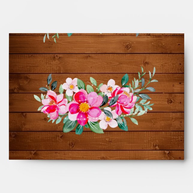 Rustic Wood Pink Floral Lights Wedding  Envelope (Front)
