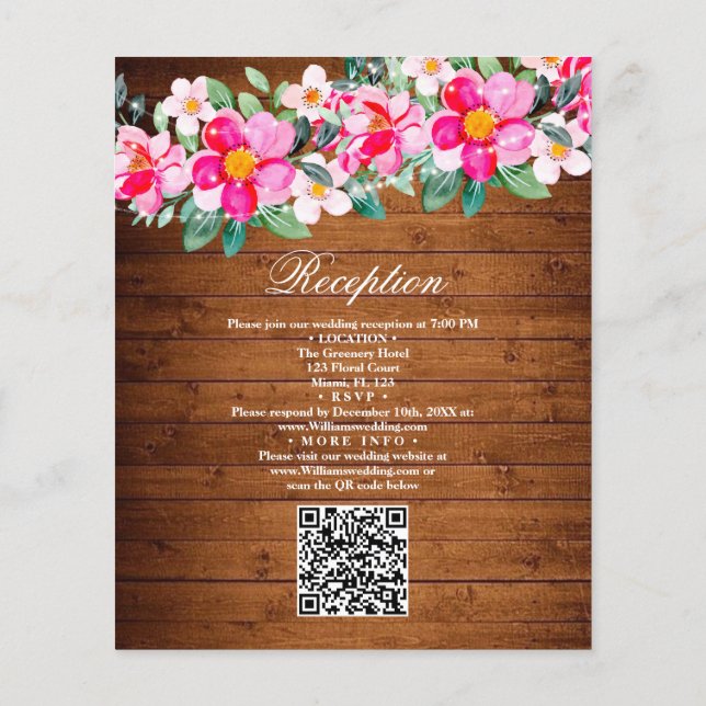 Rustic Wood Pink Floral Lights Wedding Invitation Flyer (Back)