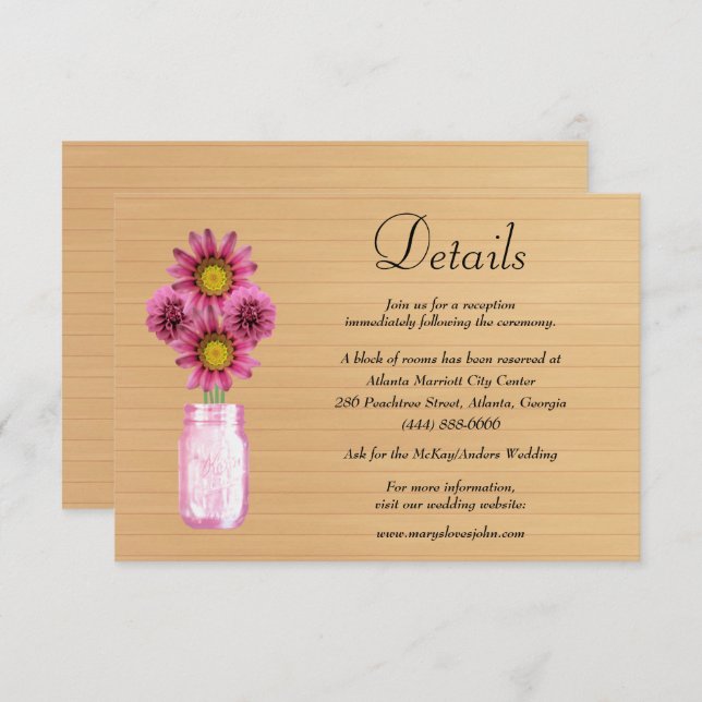 Rustic Wood Pink Floral Mason Jar Wedding Details Enclosure Card (Front/Back)
