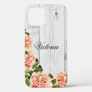 Rustic Wood Pink Floral Personalised Script iPhone 12 Case