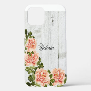 Rustic Wood Pink Floral Personalised Script iPhone 12 Case