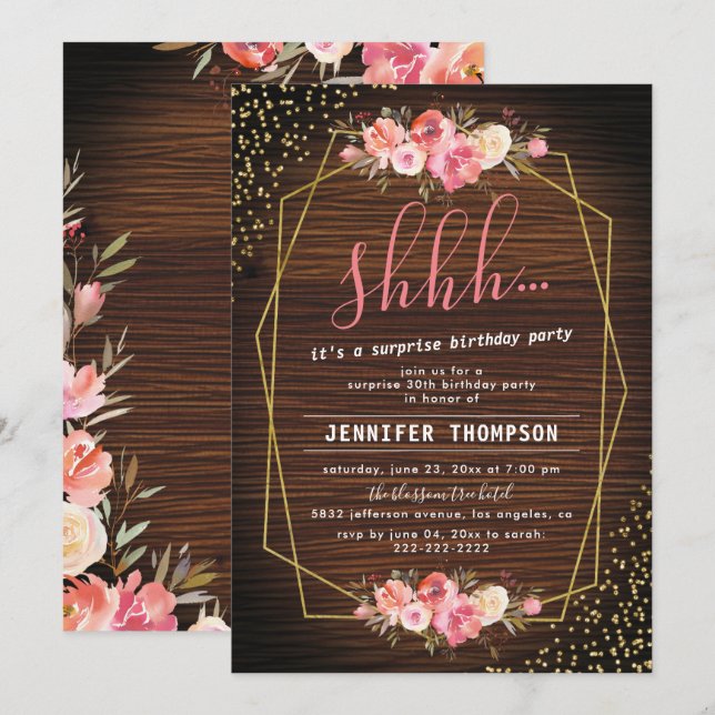 Rustic Wood Pink Floral Surprise Birthday Party Invitation (Front/Back)