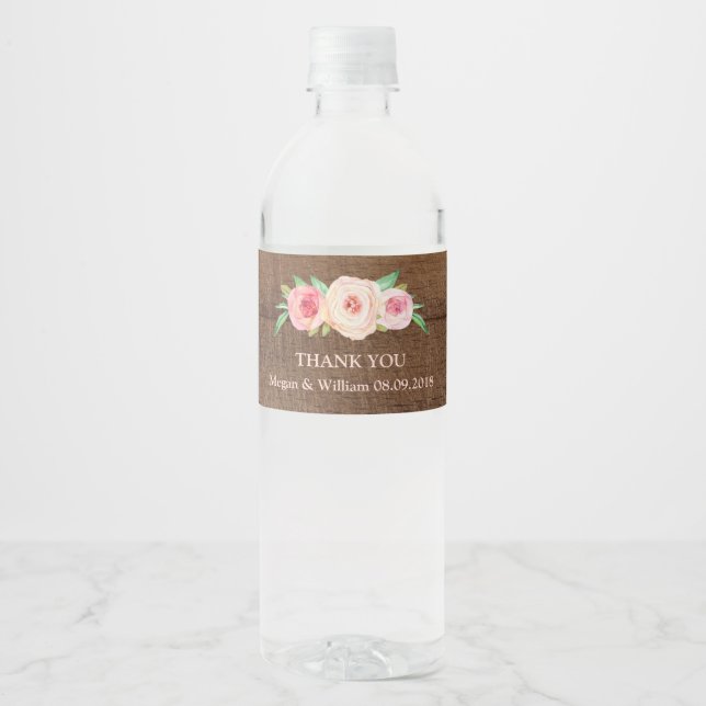 Rustic Wood Pink Floral Water Bottle Label (Front)
