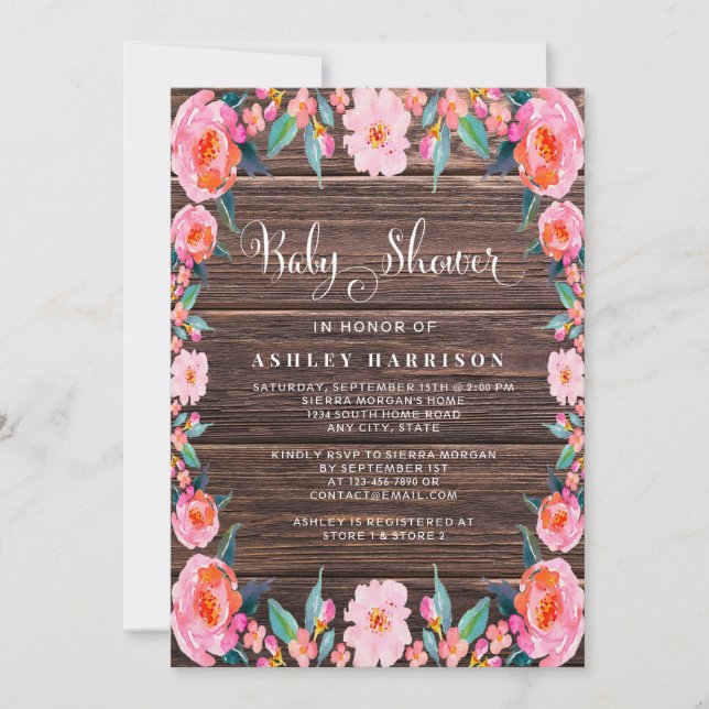 Rustic Wood Pink Floral Watercolor Baby Shower Invitation (Front)