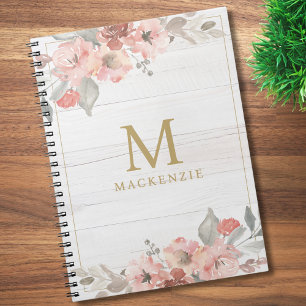 Rustic Wood Pink Floral Watercolor Monogram Notebook