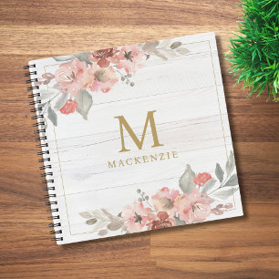 Rustic Wood Pink Floral Watercolor Monogram Notebook