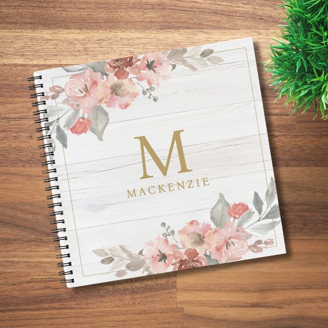 Rustic Wood Pink Floral Watercolor Monogram Notebook (Creator Uploaded)