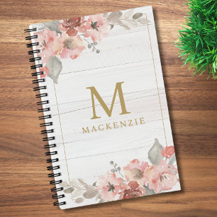 Rustic Wood Pink Floral Watercolor Monogram Notebook