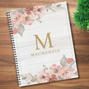 Rustic Wood Pink Floral Watercolor Monogram Notebook