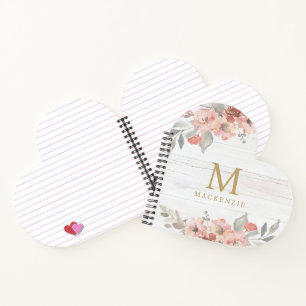Rustic Wood Pink Floral Watercolor Monogram Notebook