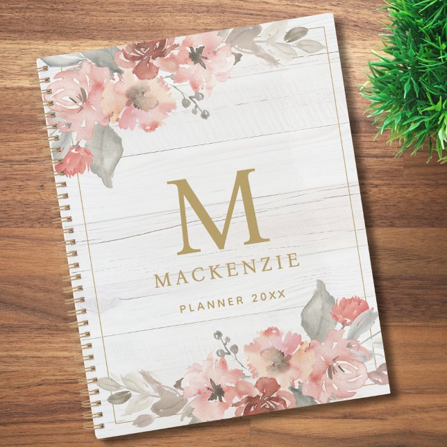 Rustic Wood Pink Floral Watercolor Monogram Planner (Creator Uploaded)