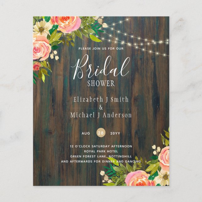 Rustic Wood Pink Floral Wedding BRIDAL SHOWER Invi Flyer (Front)