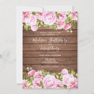 Rustic Wood Pink Floral Wedding Invitation