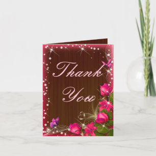 Rustic Wood Pink Floral Wedding Thank You Card