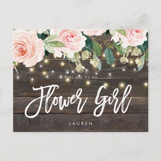 rustic wood pink floral will you be my flower girl announcement postcard (Front)