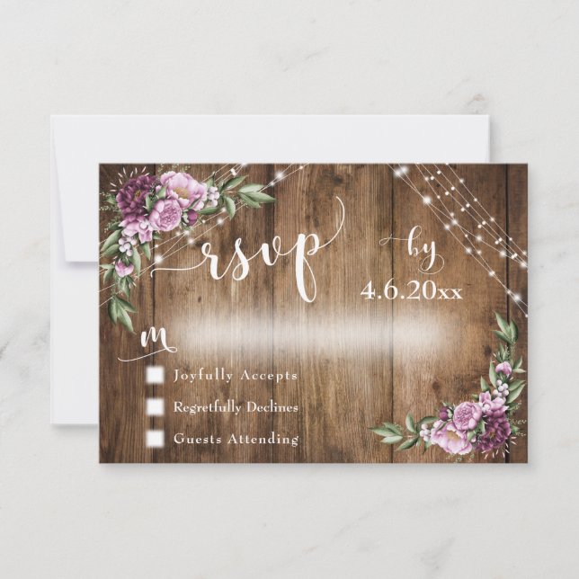 Rustic Wood, Pink Flowers & Lights w/ Typography RSVP Card (Front)